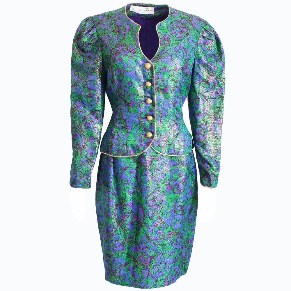 Lillie Rubin Jacket Skirt Suit 2pc Silk Jacquard Abstract Metallic Vintage